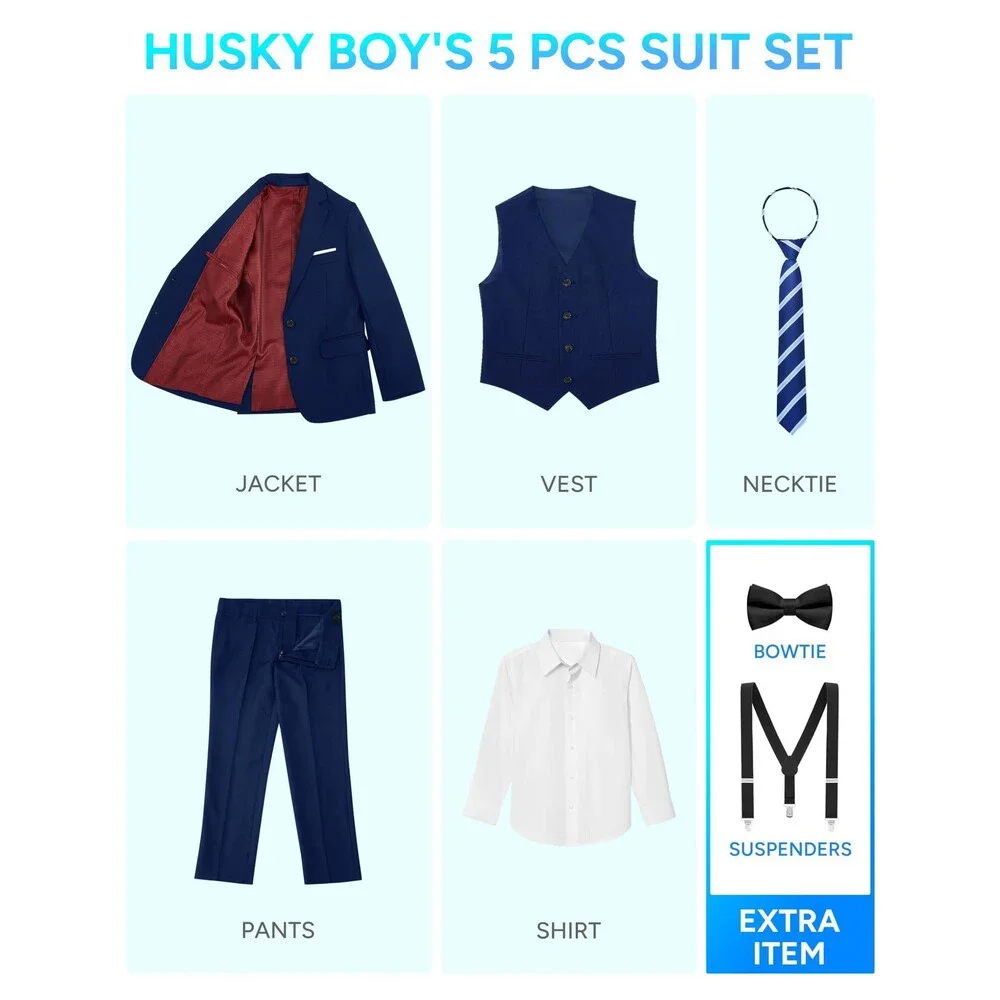 PACOROMANO Boys' Navy Boy Suit Husky 7 Pcs Suspenders Formal Set Ring Bearer 12